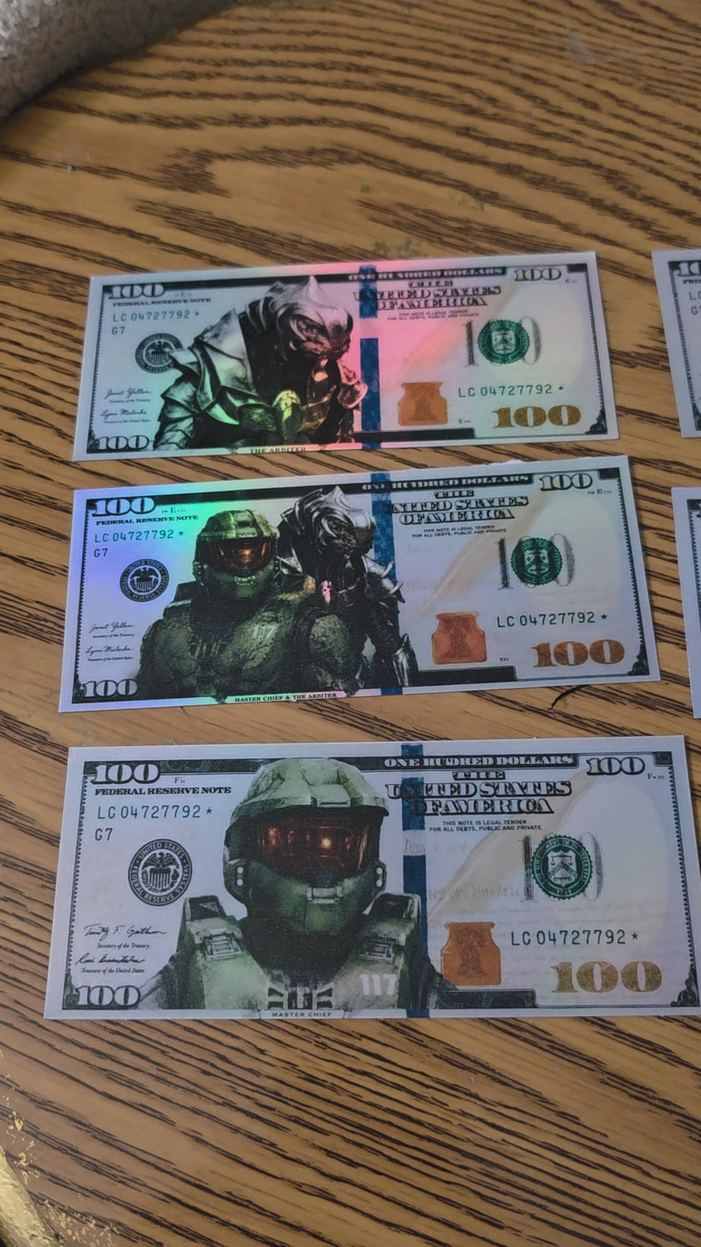 Holographic Halo Inspired 100 dollar bill stickers