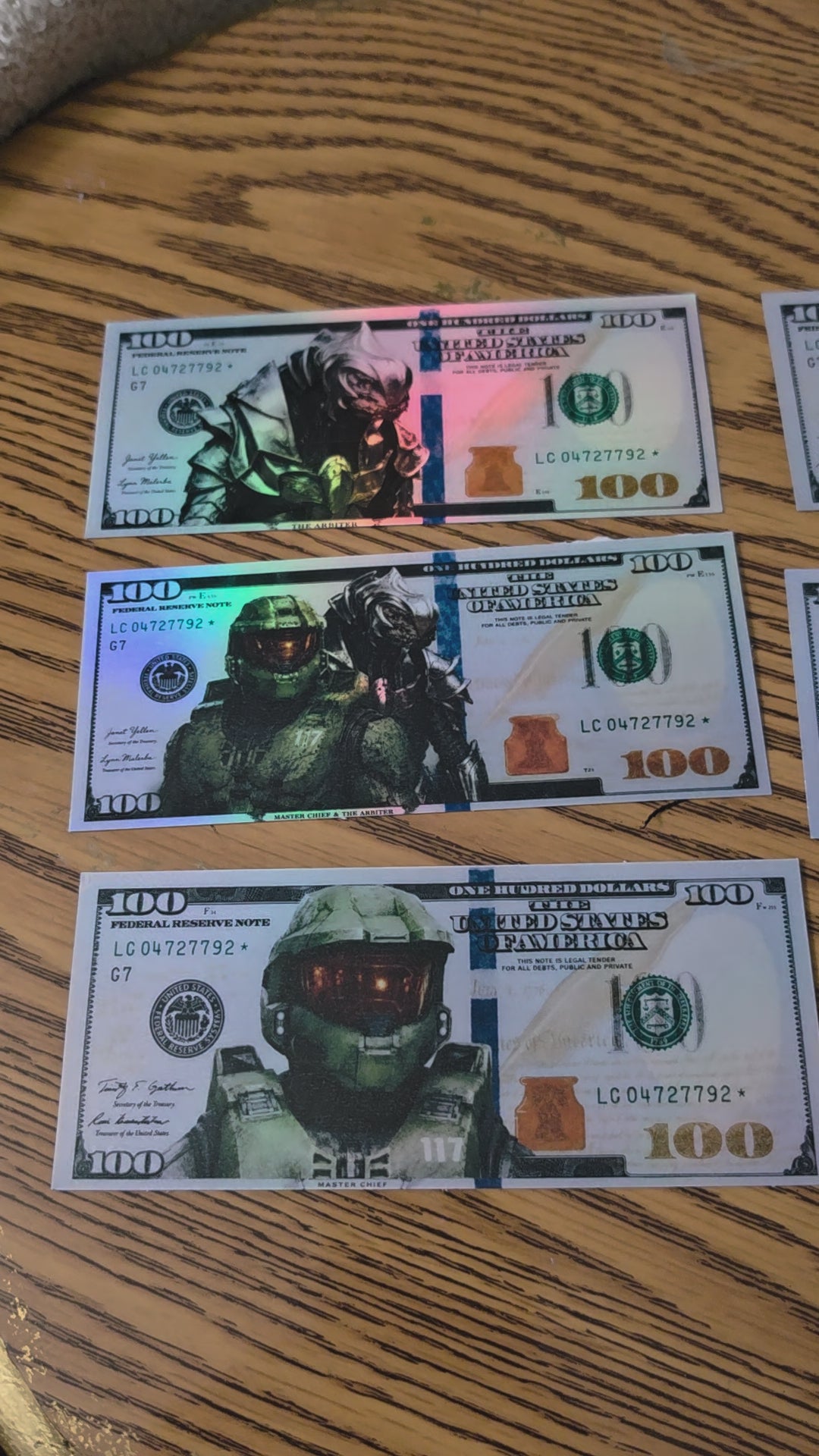 Holographic Halo Inspired 100 dollar bill stickers