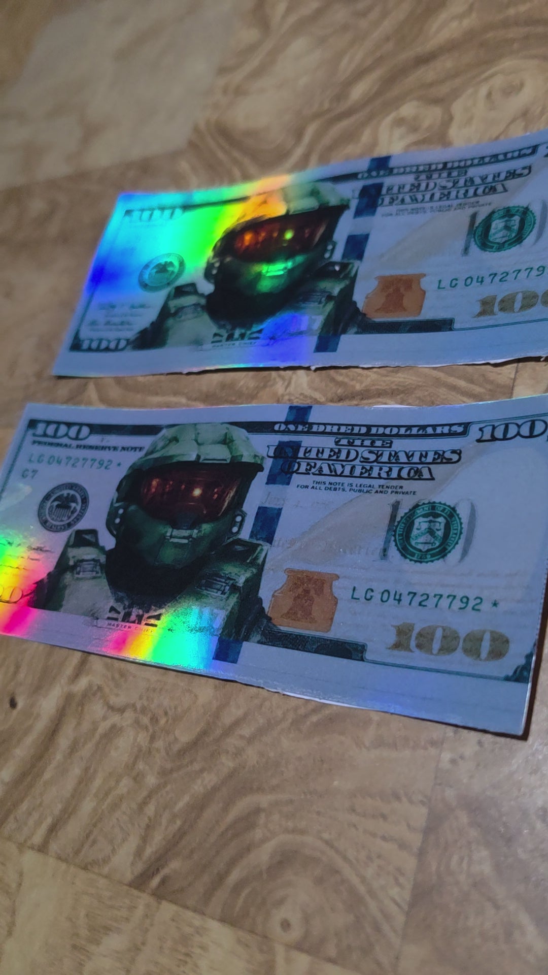 Holographic Halo Inspired 100 dollar bill stickers
