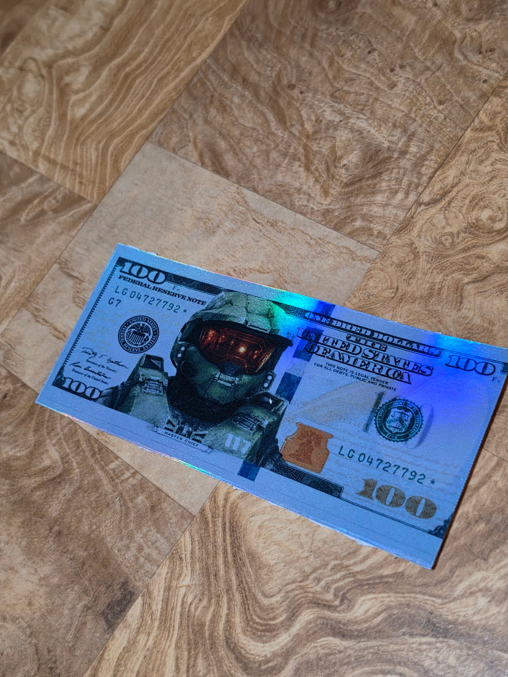 Holographic Halo Inspired 100 dollar bill stickers