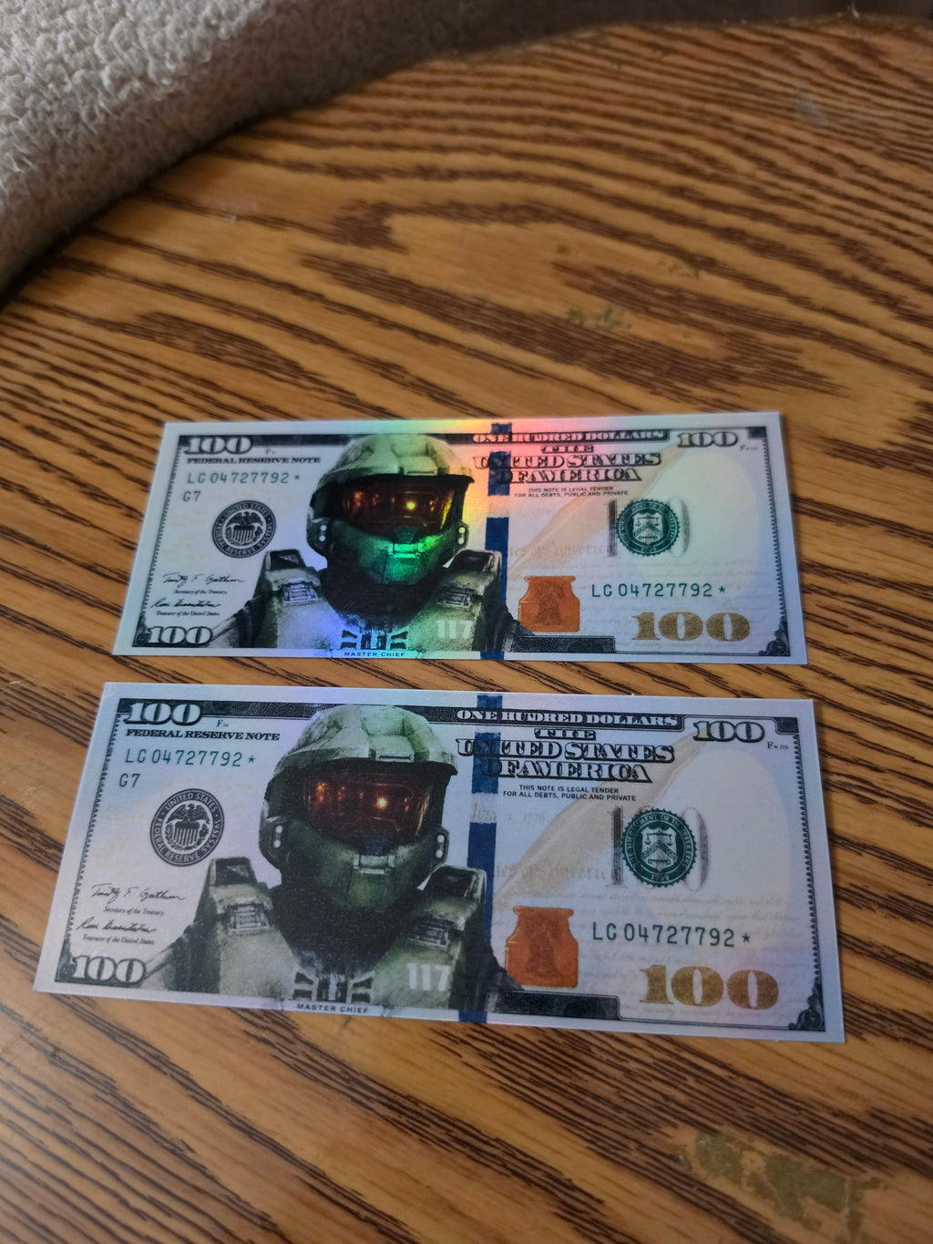 Holographic Halo Inspired 100 dollar bill stickers
