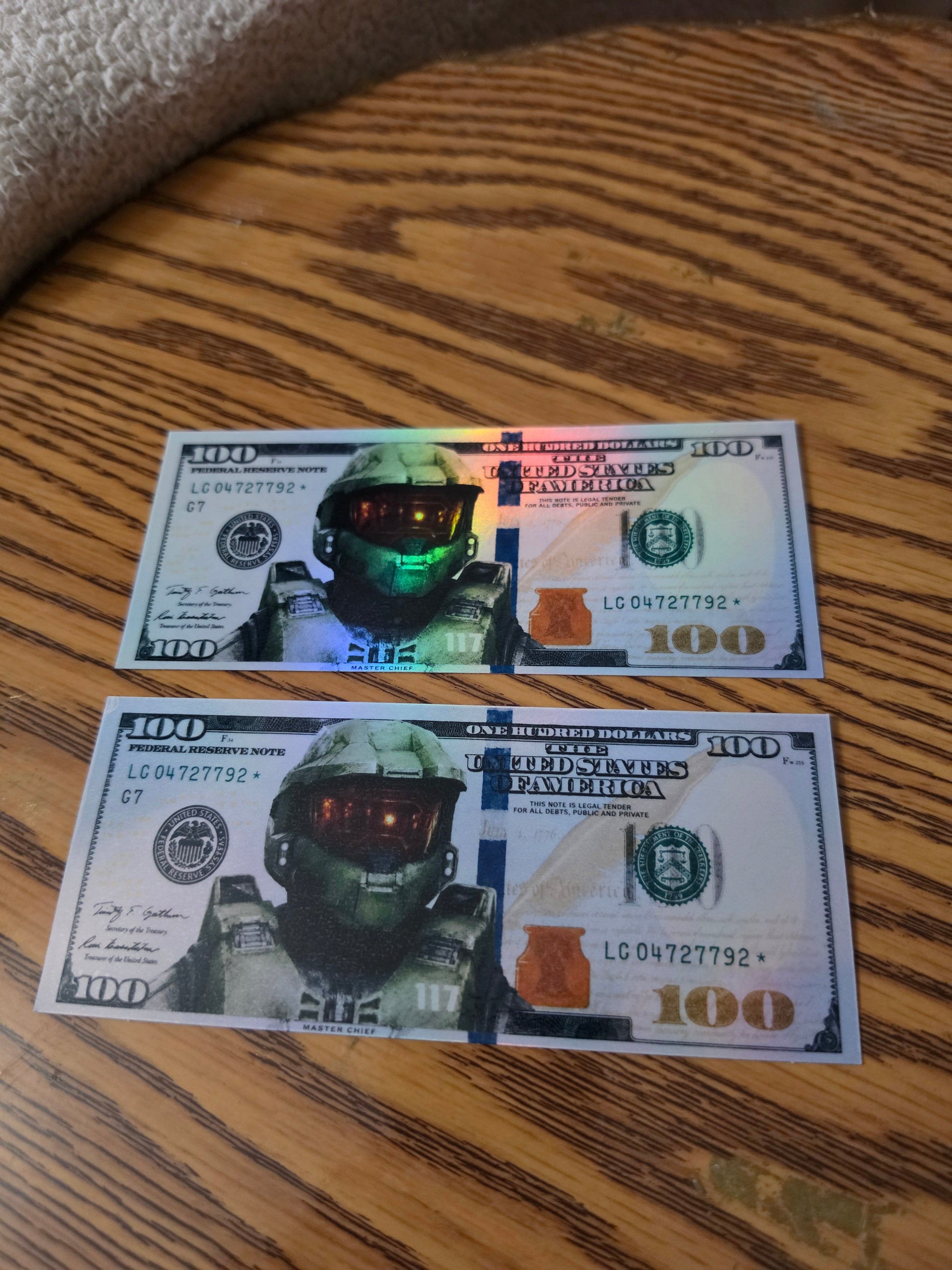 Holographic Halo Inspired 100 dollar bill stickers