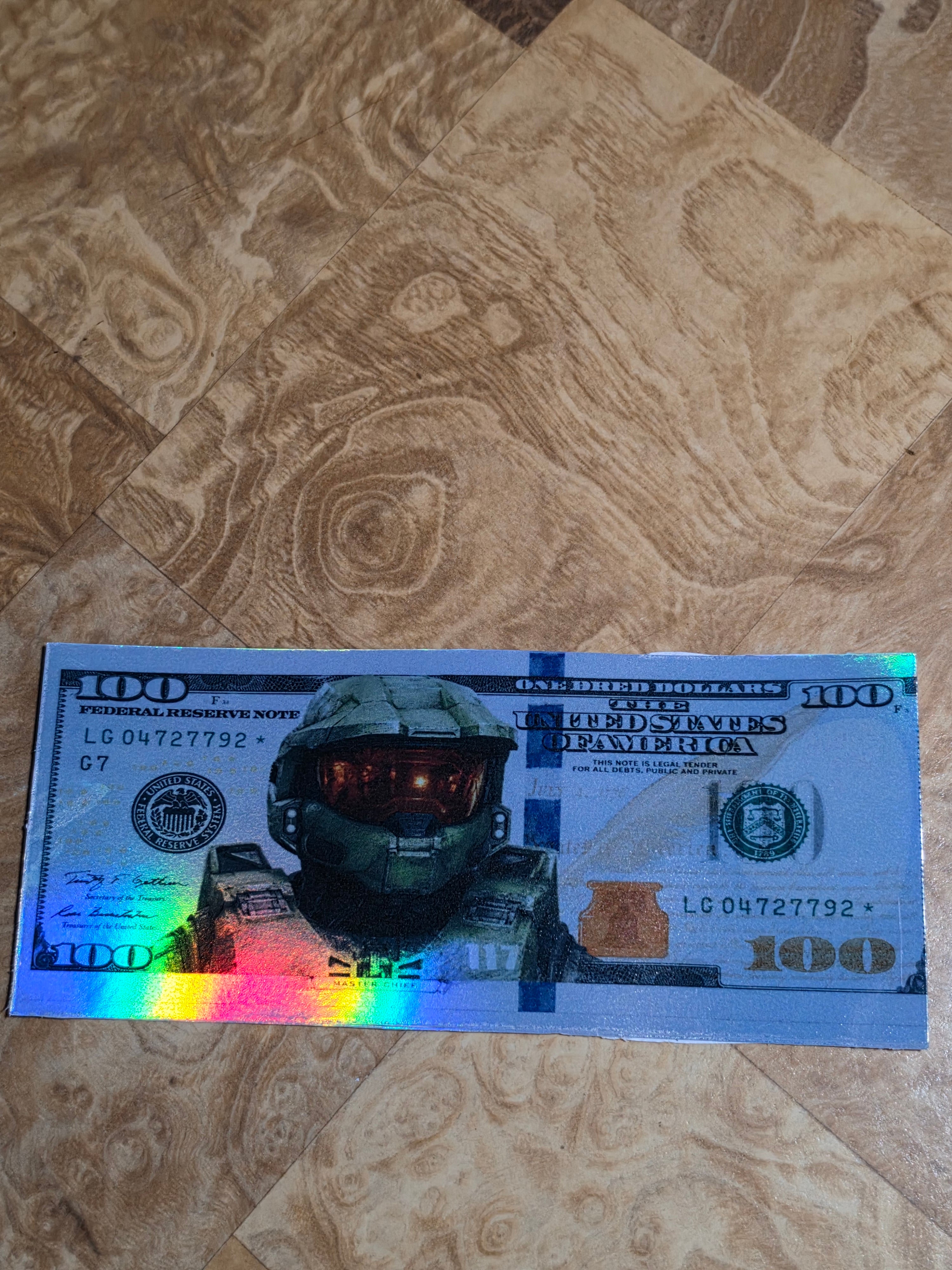 Holographic Halo Inspired 100 dollar bill stickers