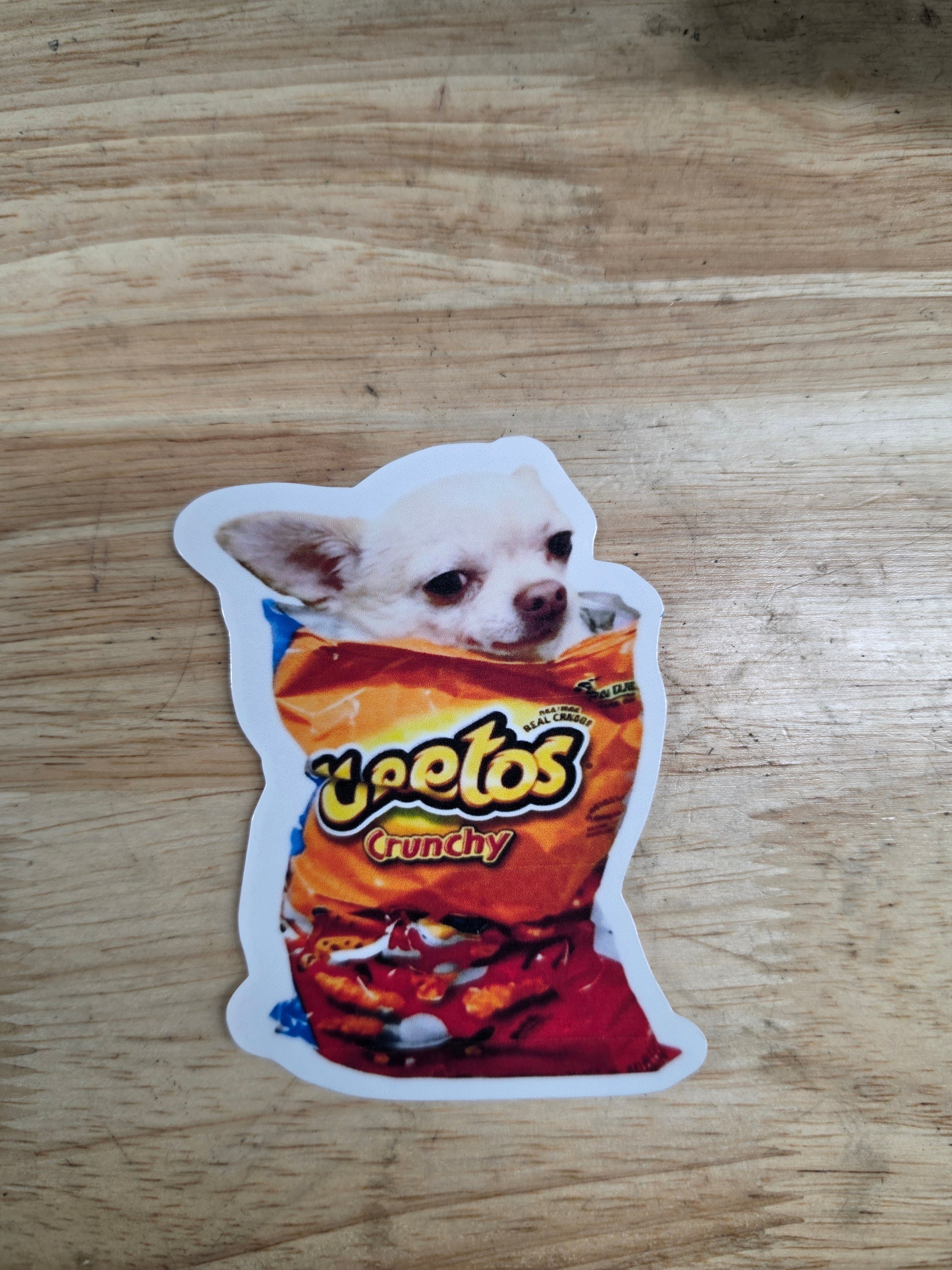 Put your dog in a cheeto bag custom stickers
