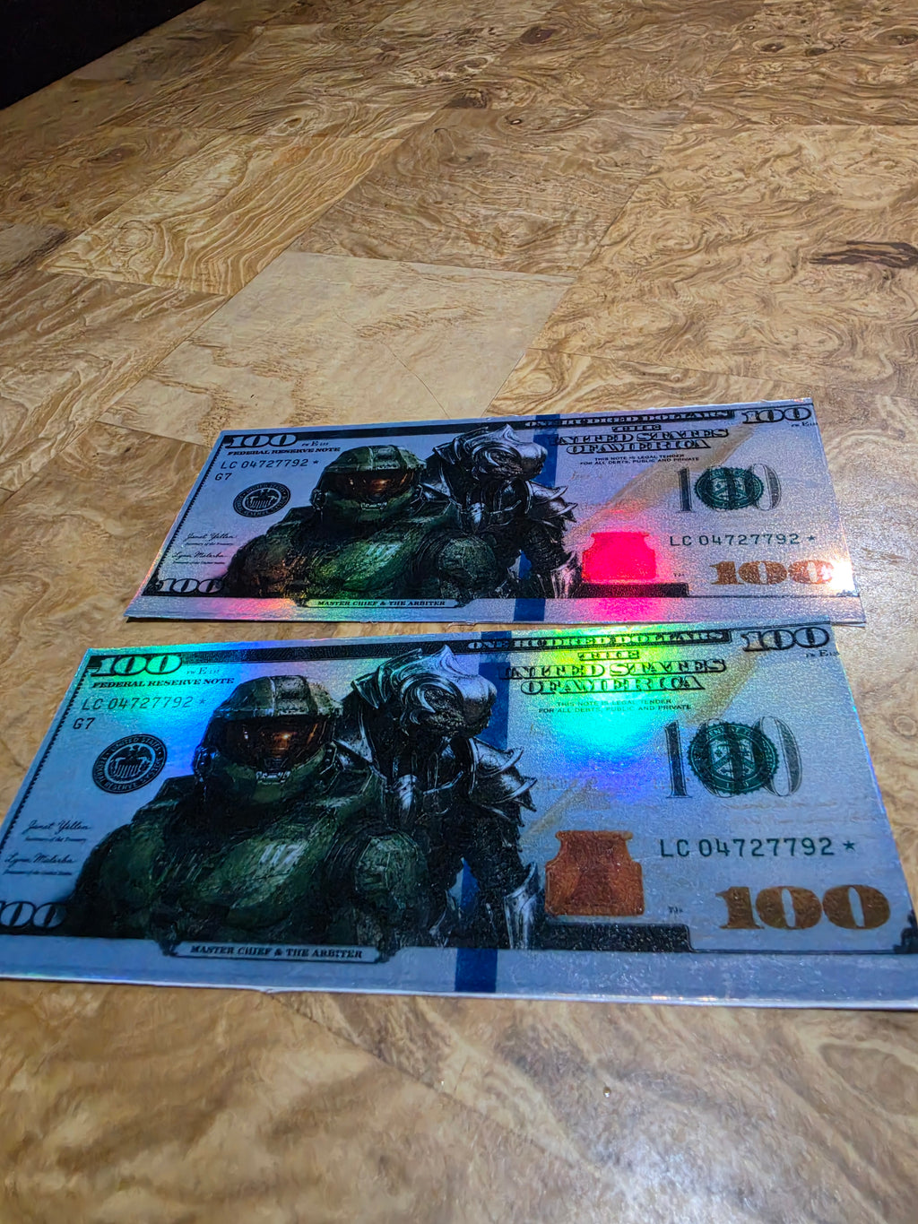 Holographic Halo Inspired 100 dollar bill stickers