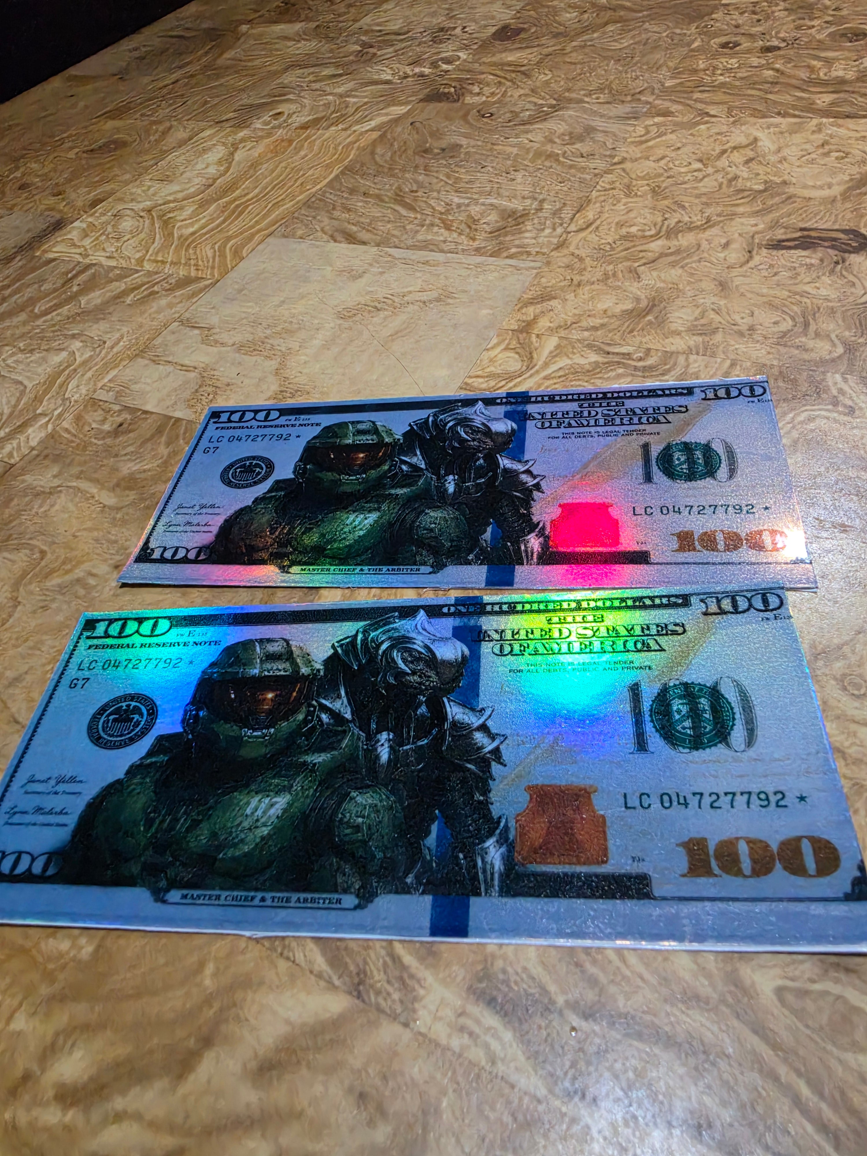 Holographic Halo Inspired 100 dollar bill stickers