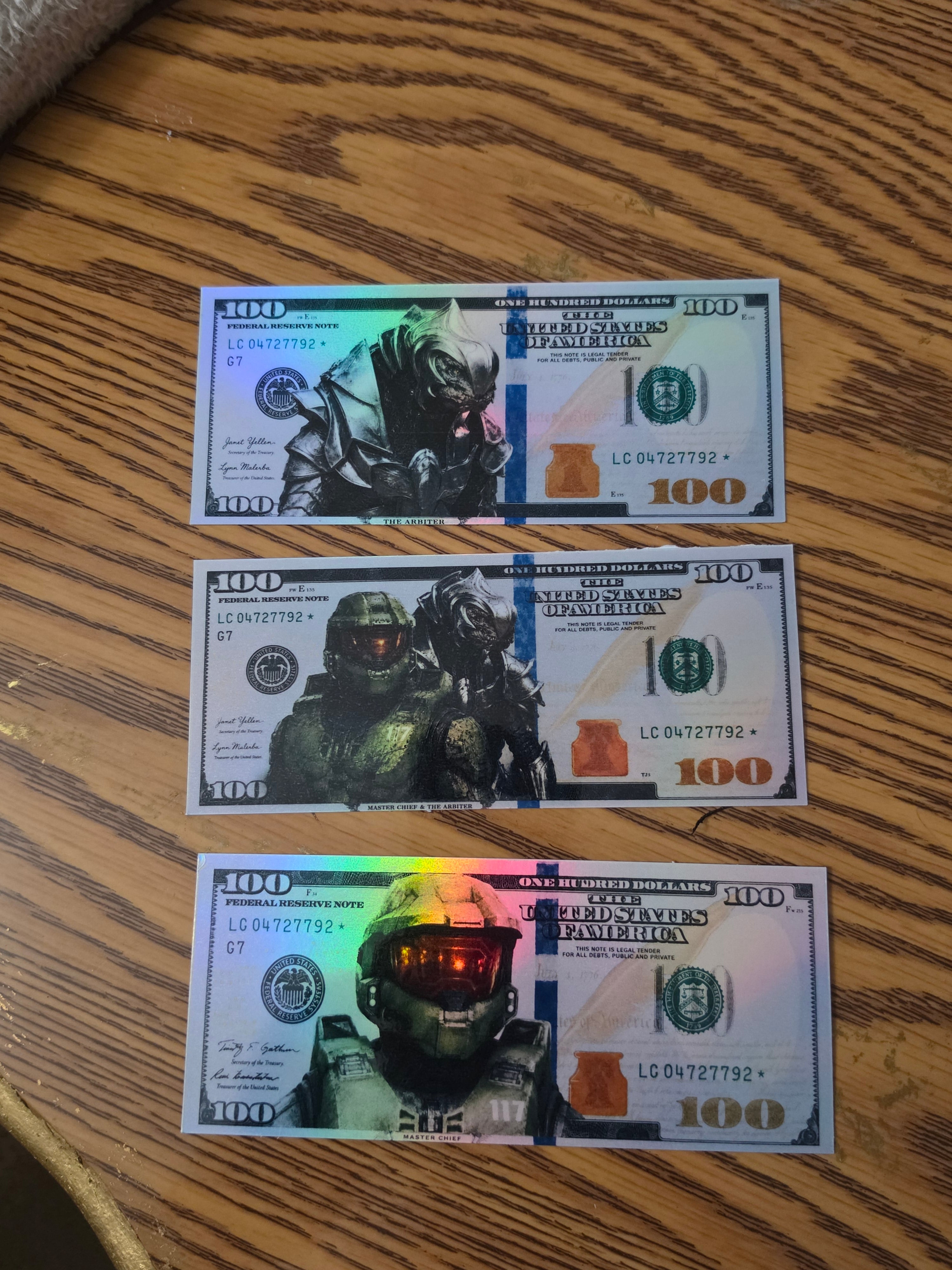 Holographic Halo Inspired 100 dollar bill stickers