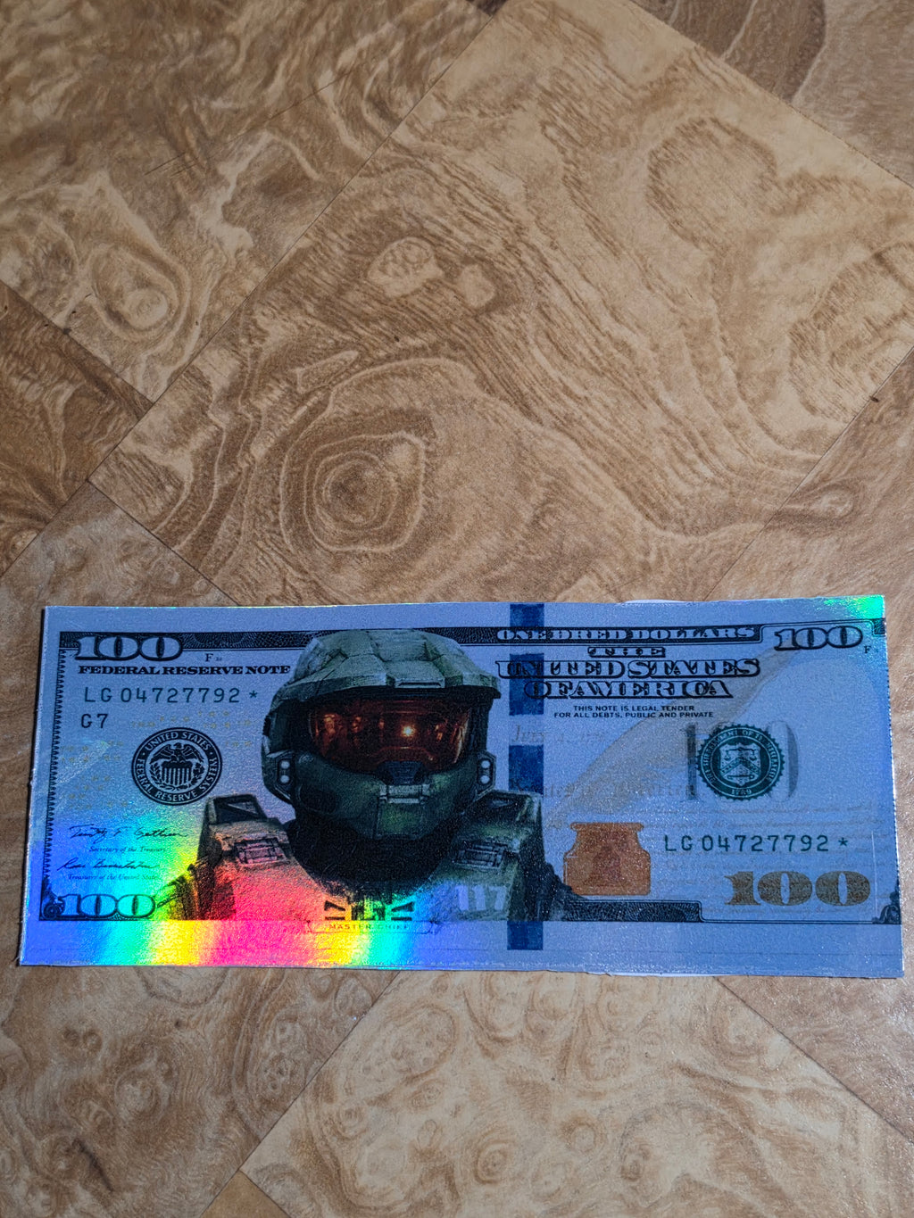 Holographic Halo Inspired 100 dollar bill stickers