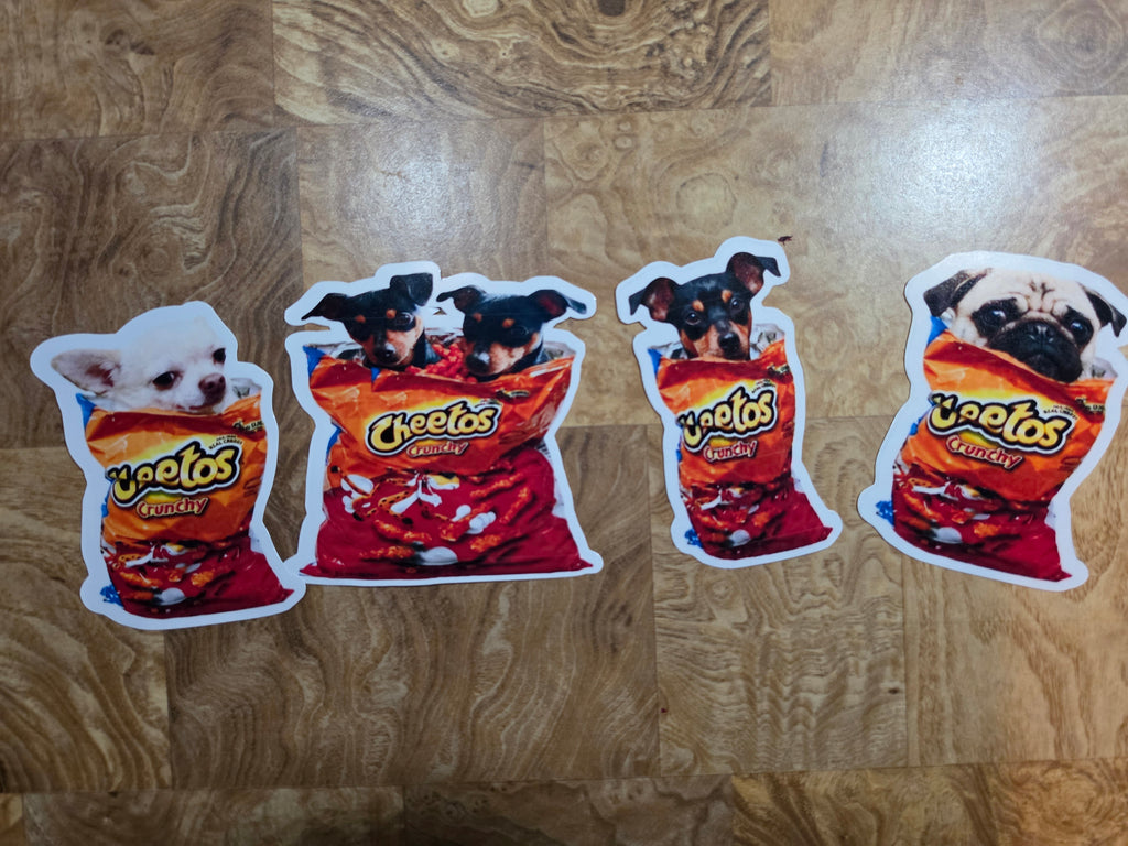 Put your dog in a cheeto bag custom stickers