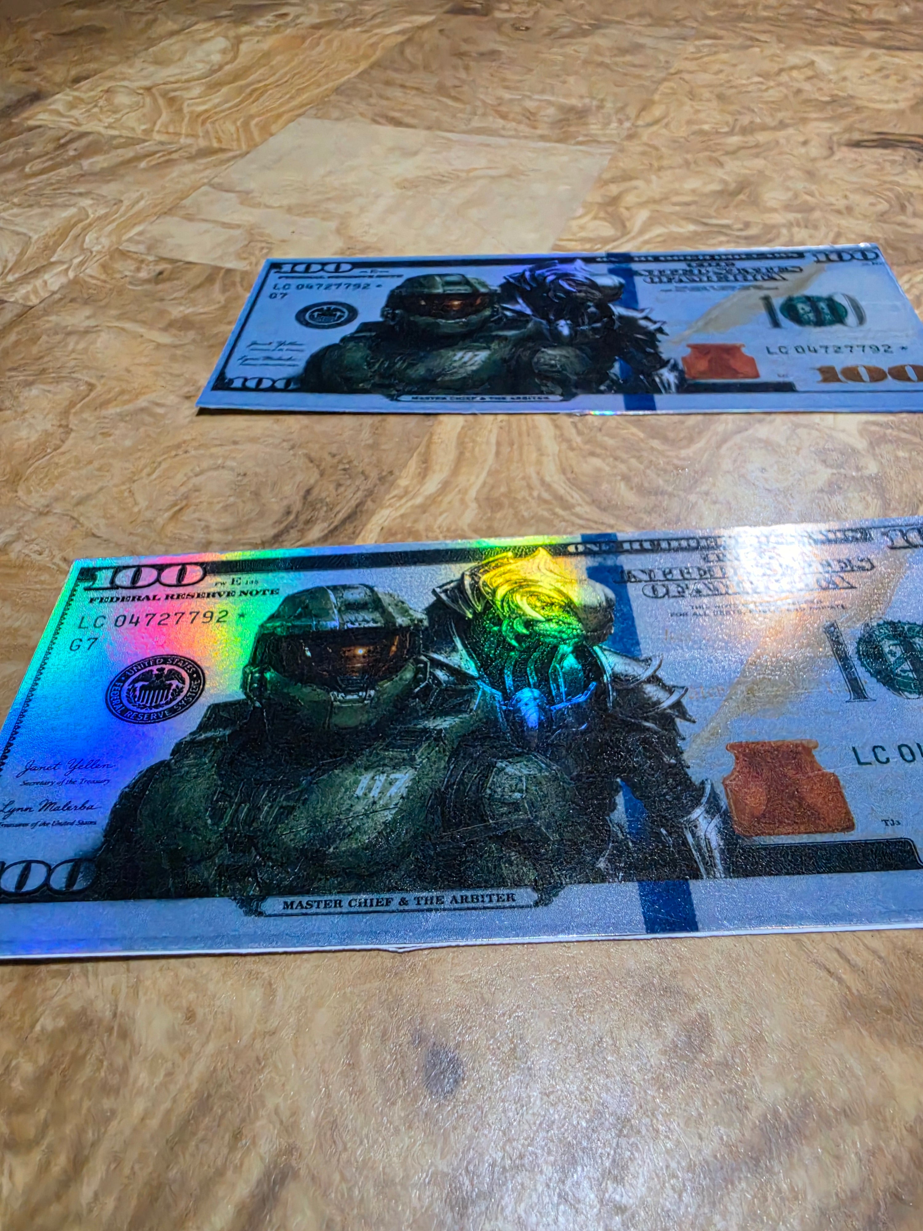 Holographic Halo Inspired 100 dollar bill stickers