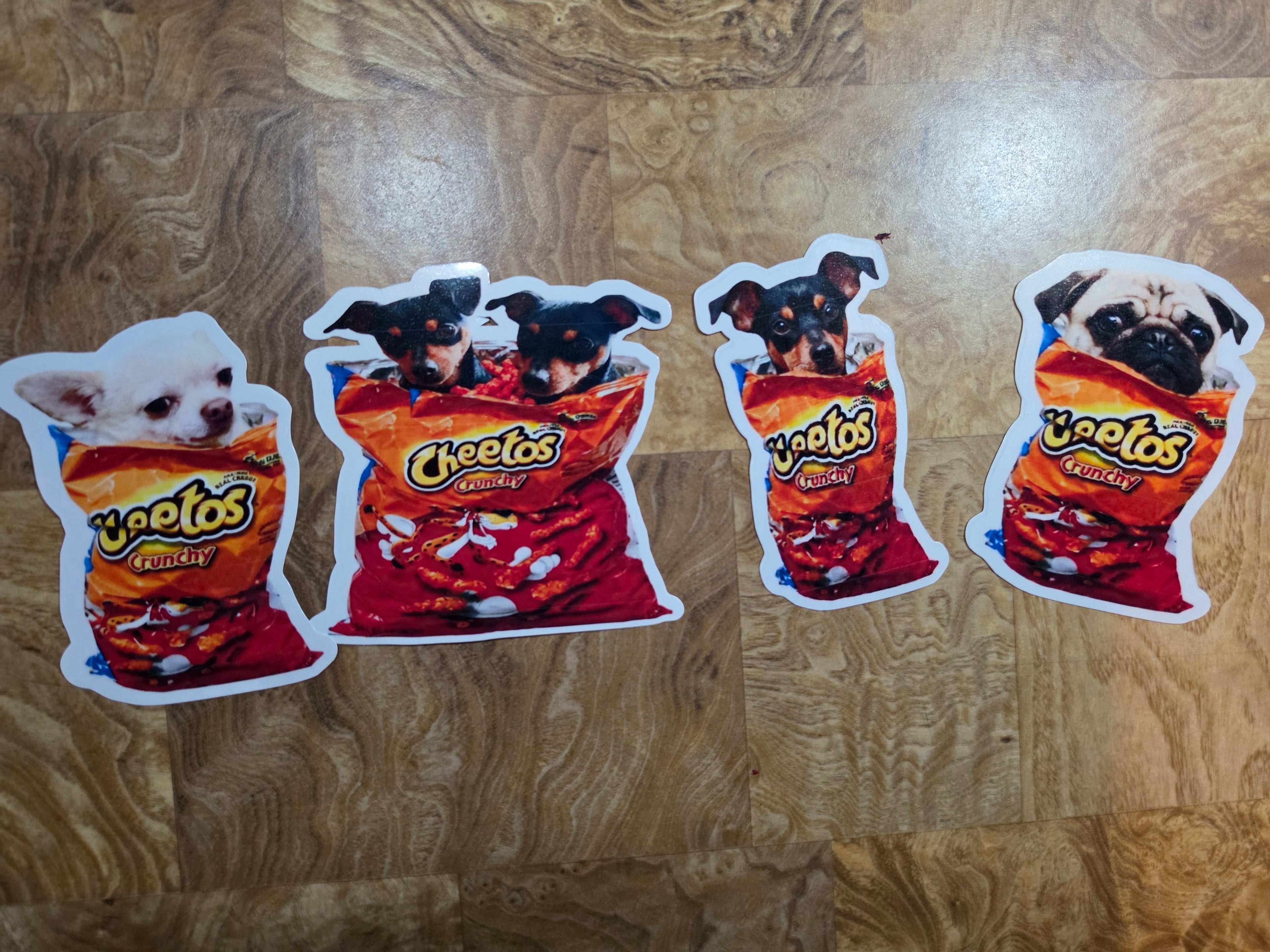 Put your dog in a cheeto bag custom stickers