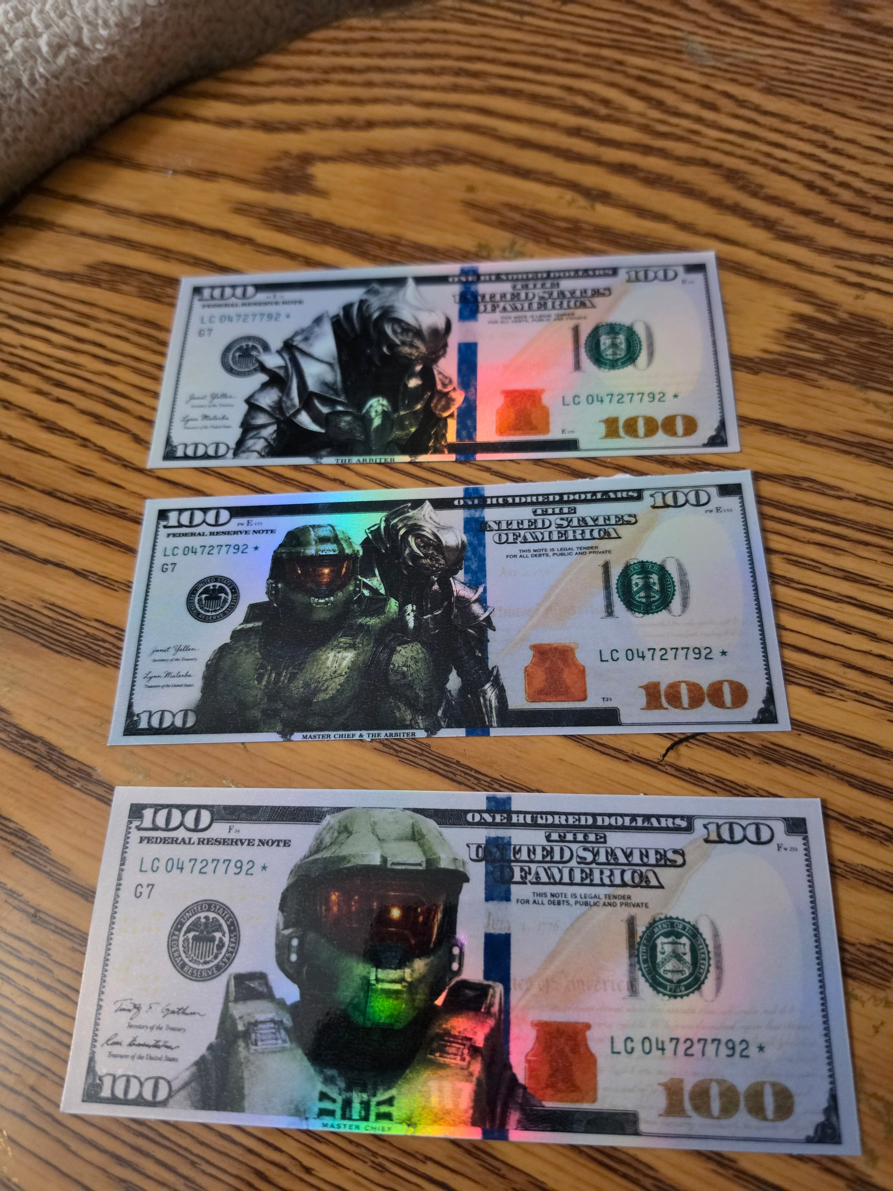 Holographic Halo Inspired 100 dollar bill stickers
