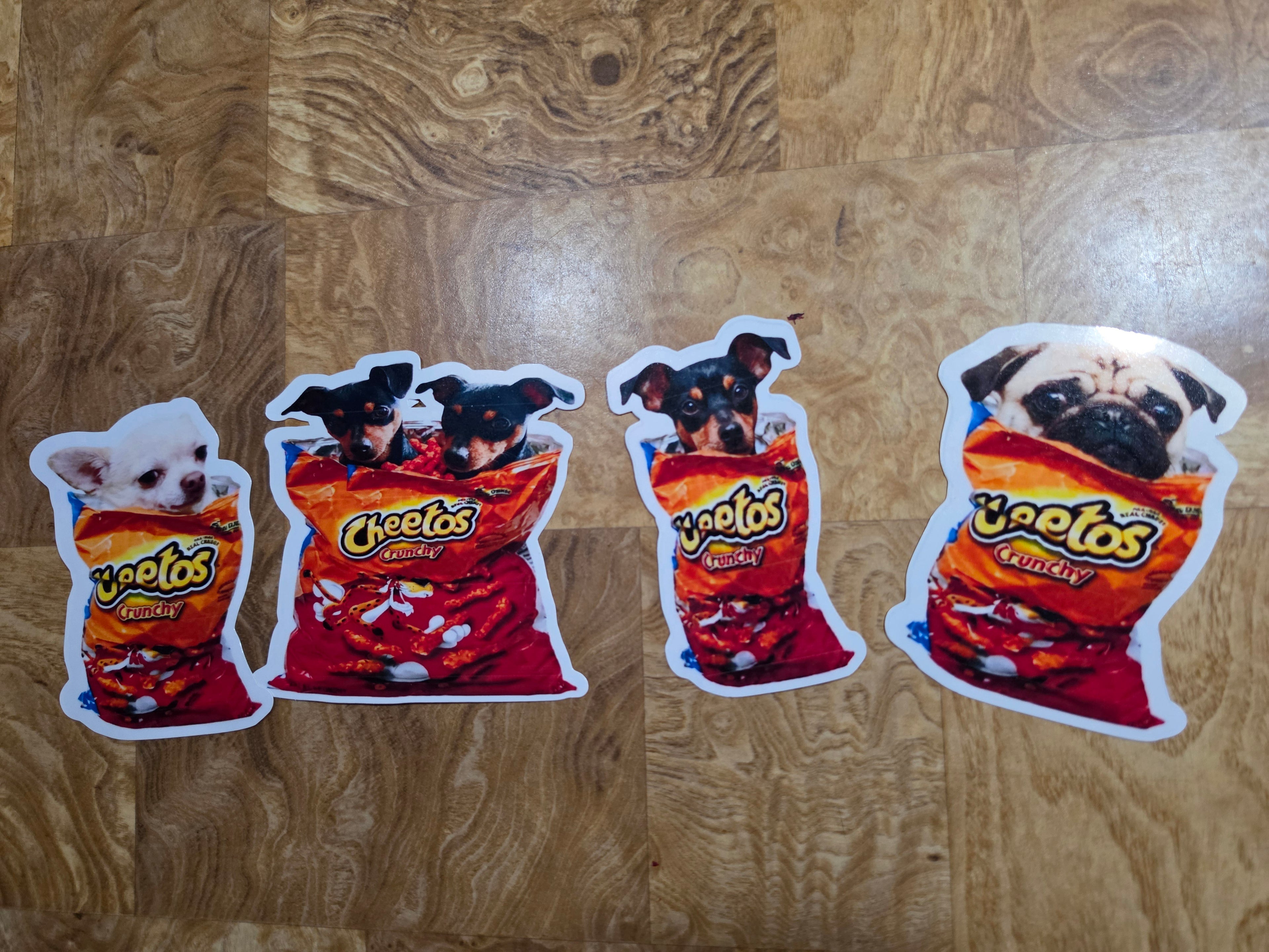 Put your dog in a cheeto bag custom stickers
