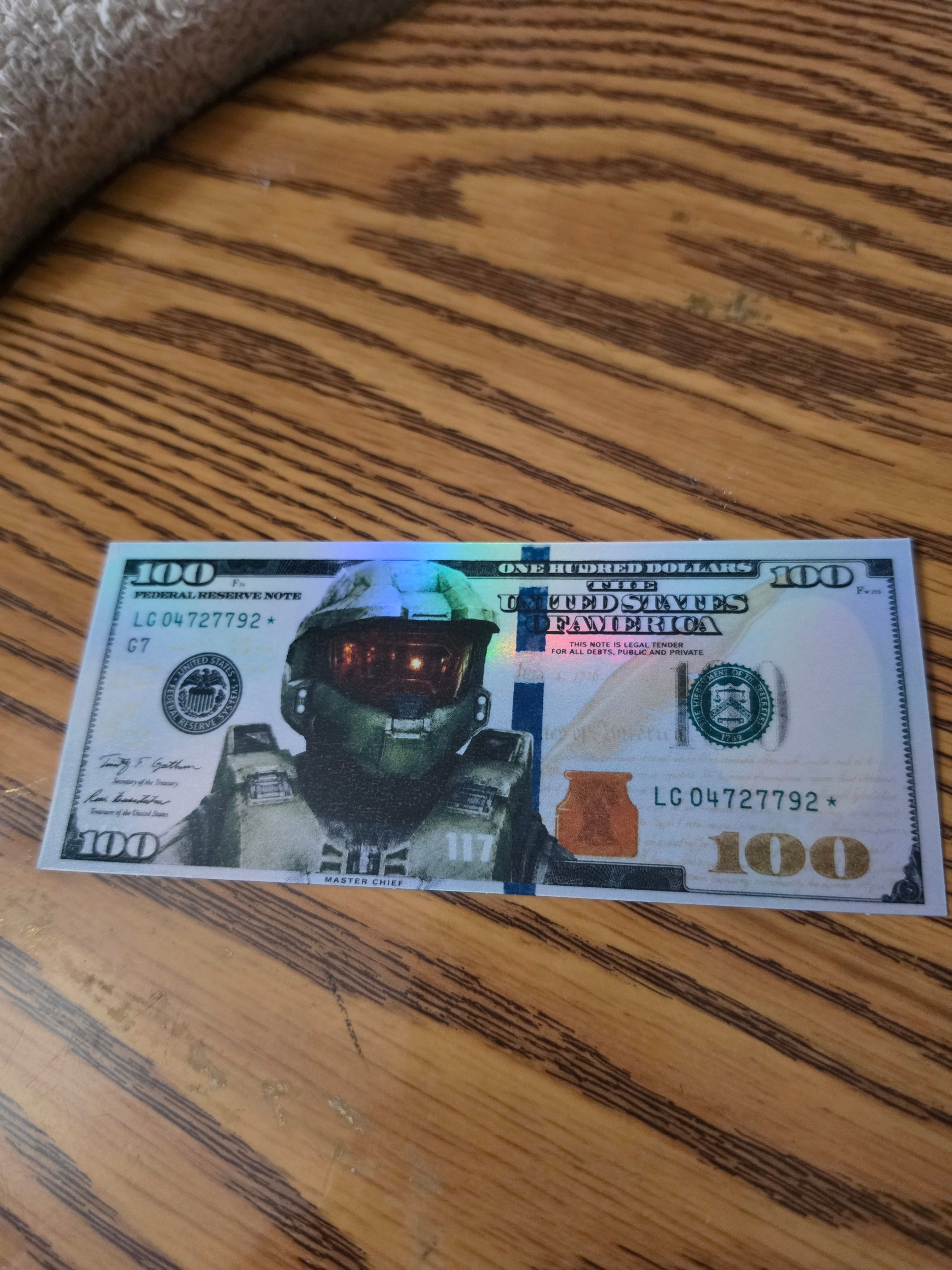 Holographic Halo Inspired 100 dollar bill stickers