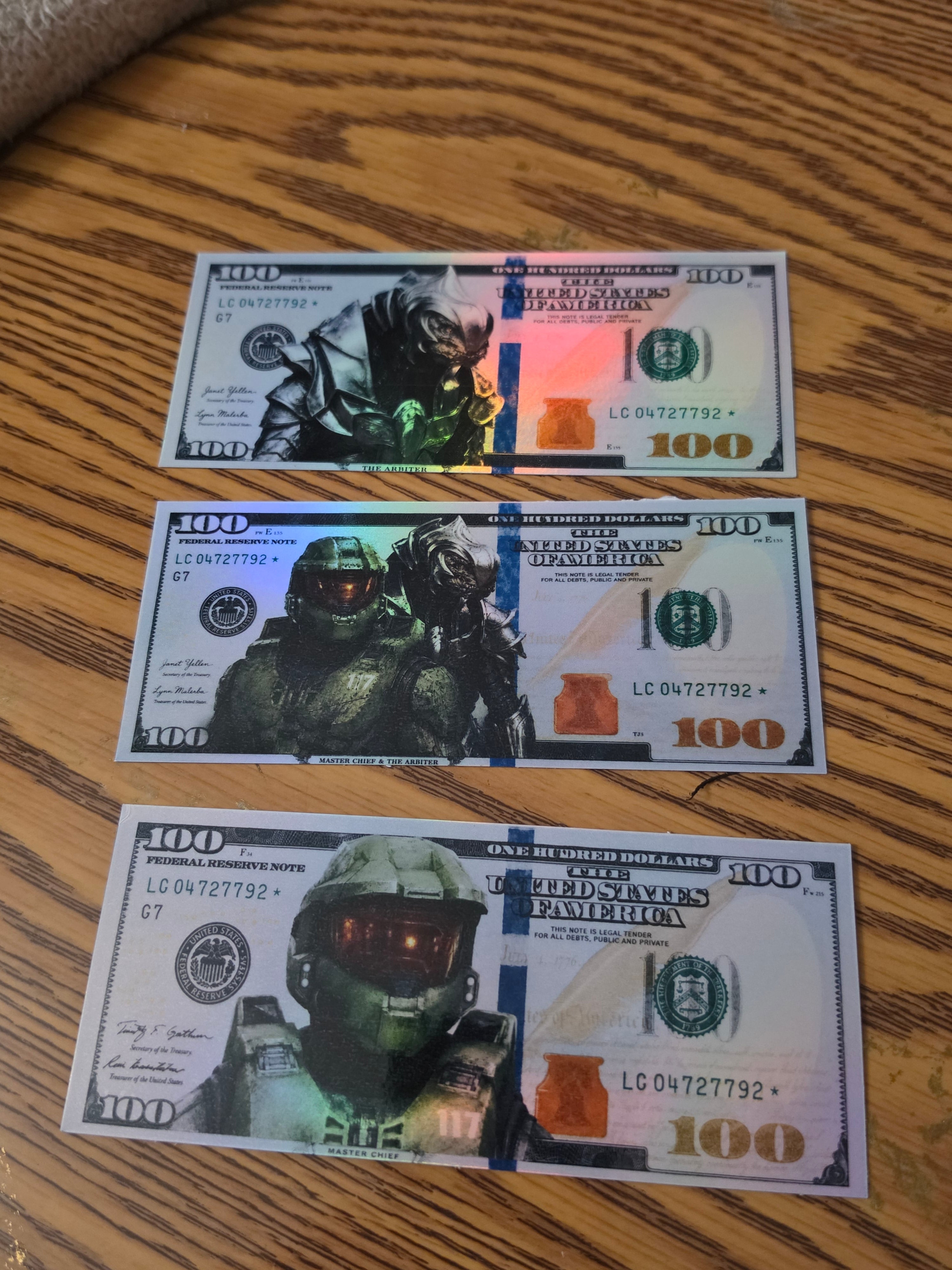 Holographic Halo Inspired 100 dollar bill stickers