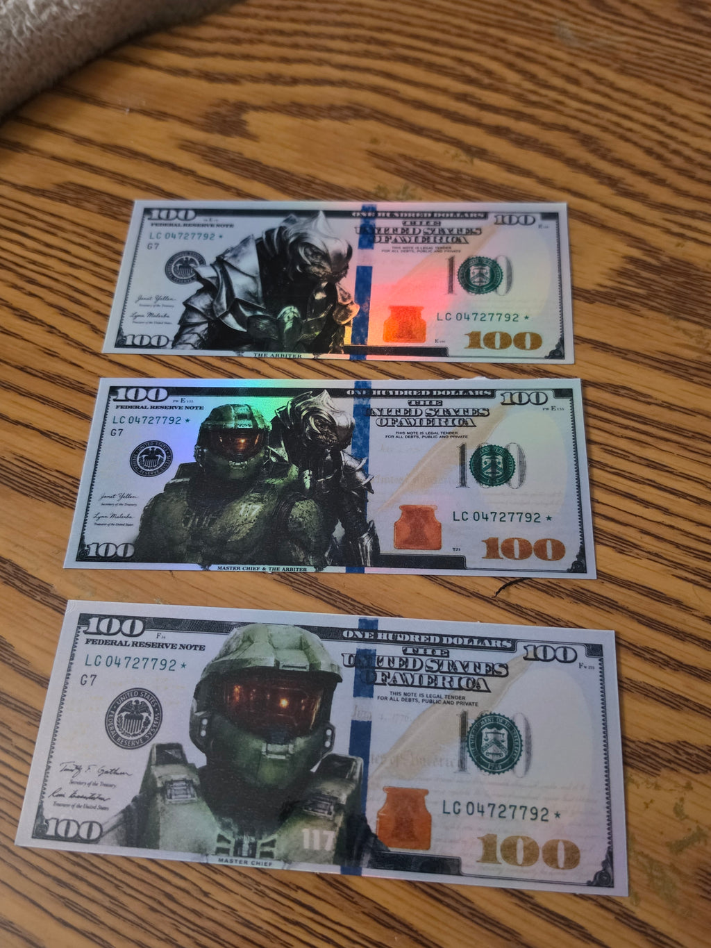 Holographic Halo Inspired 100 dollar bill stickers