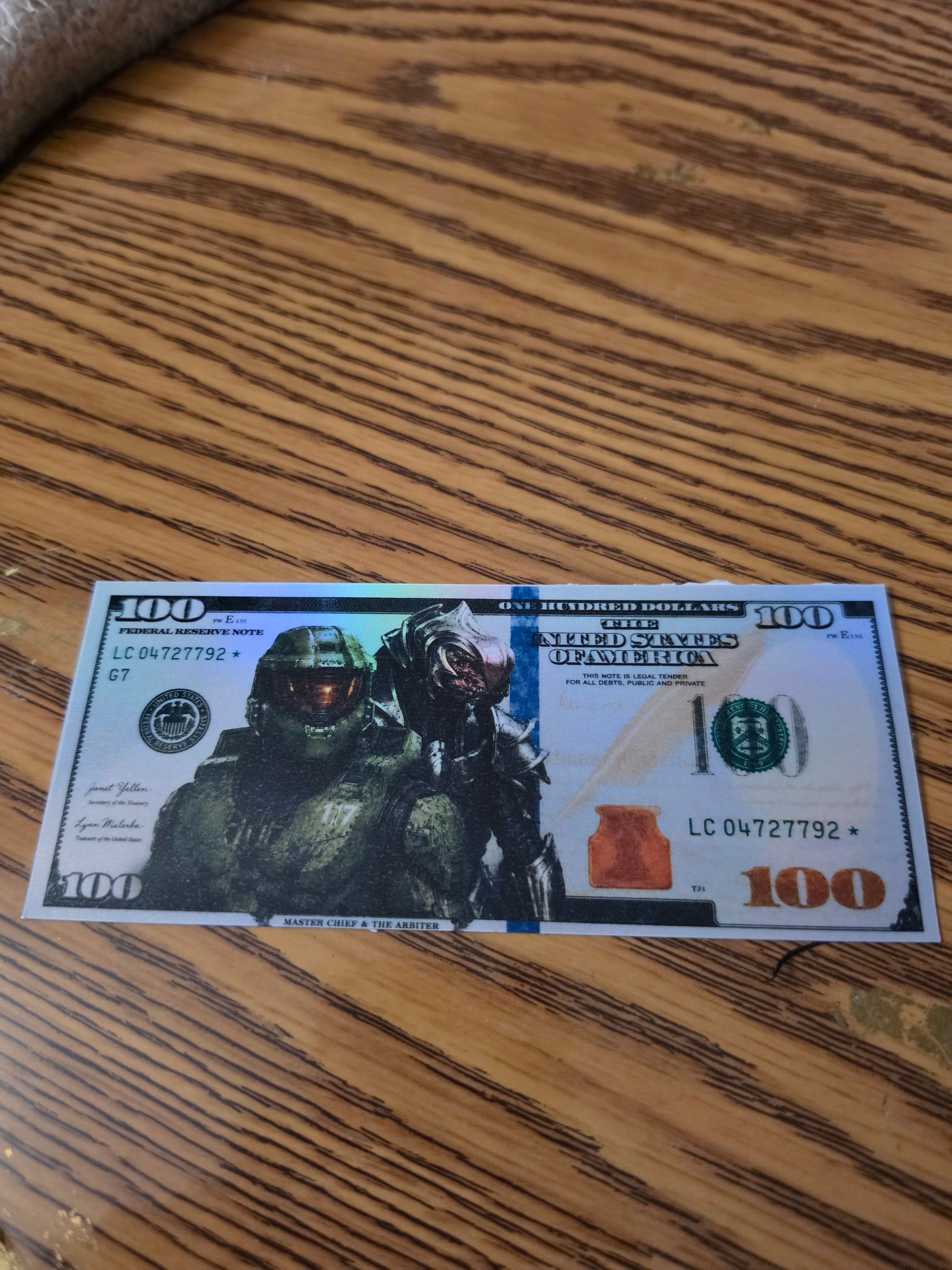 Holographic Halo Inspired 100 dollar bill stickers