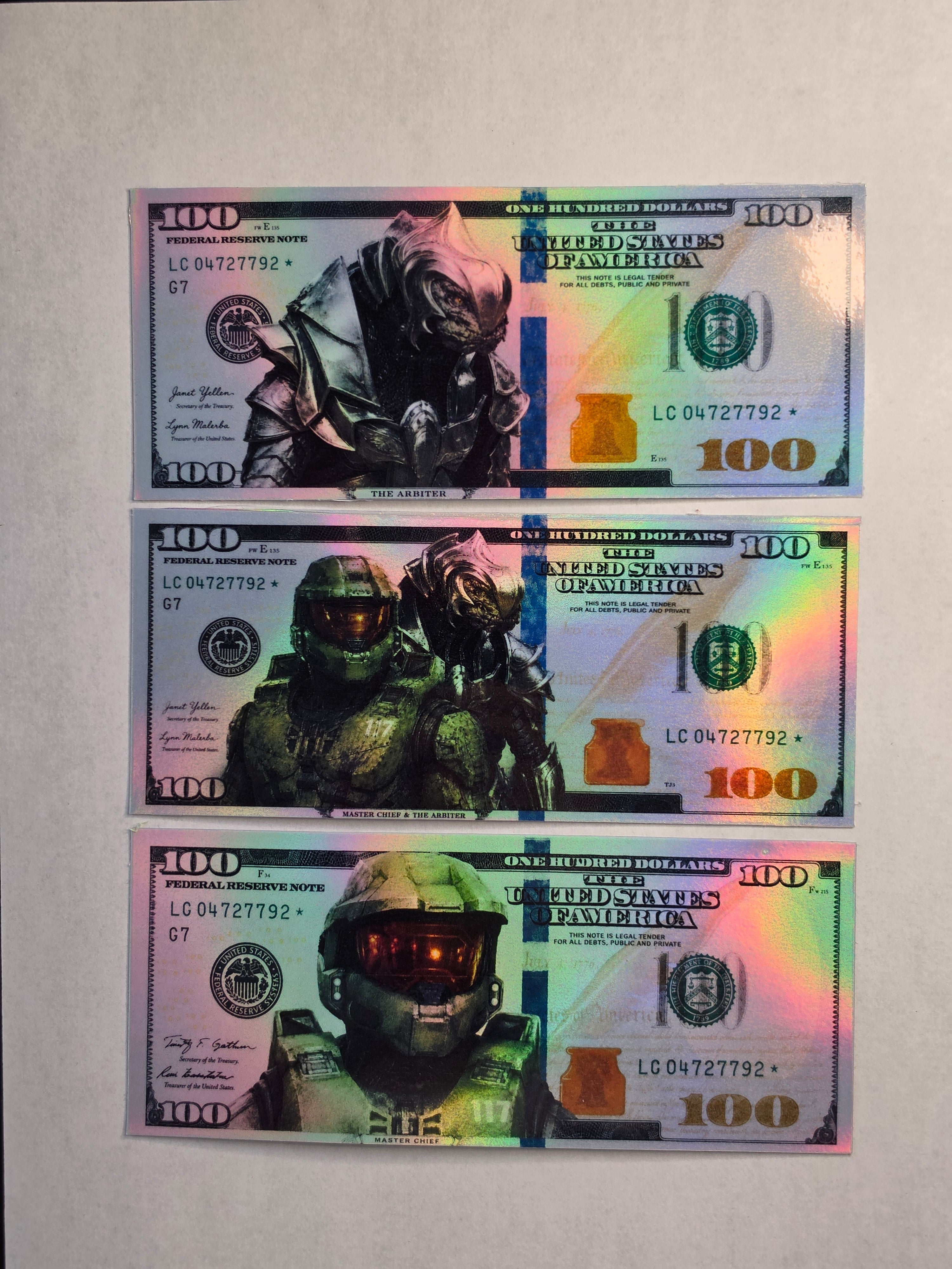 Holographic Halo Inspired 100 dollar bill stickers