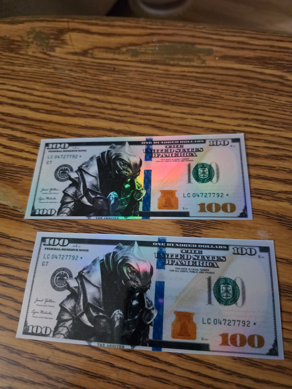 Holographic Halo Inspired 100 dollar bill stickers