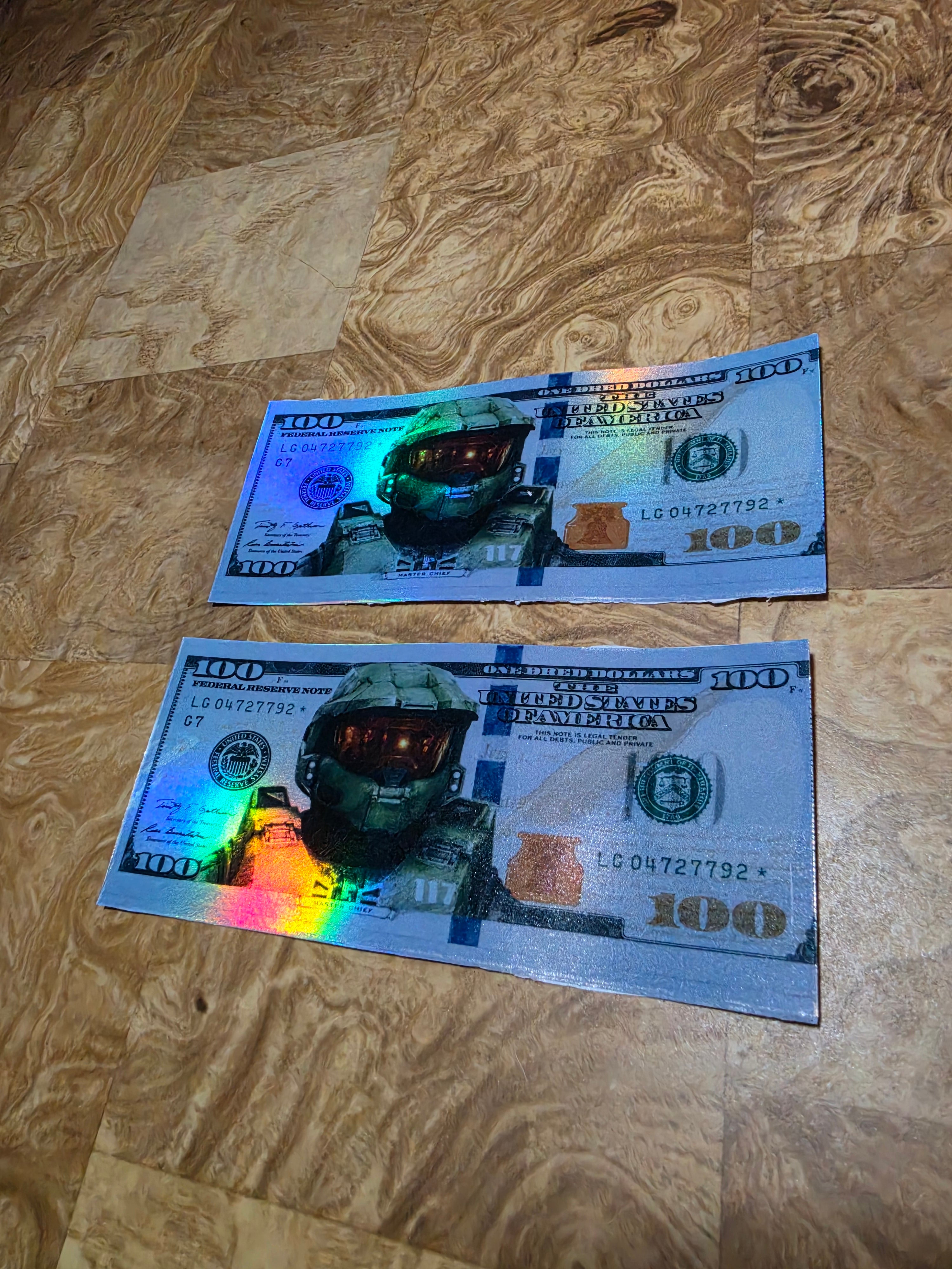 Holographic Halo Inspired 100 dollar bill stickers